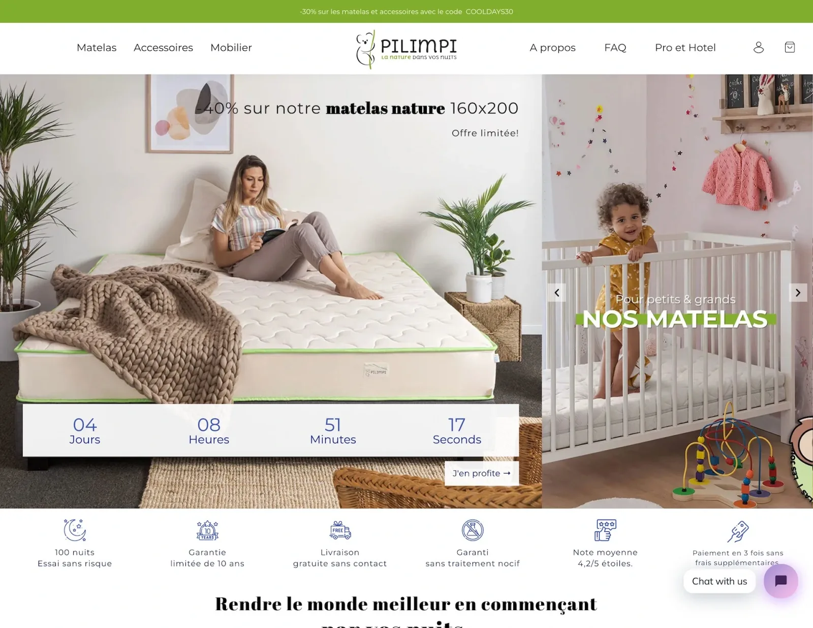 La page d'accueil de la boutique Literie Pilimpi