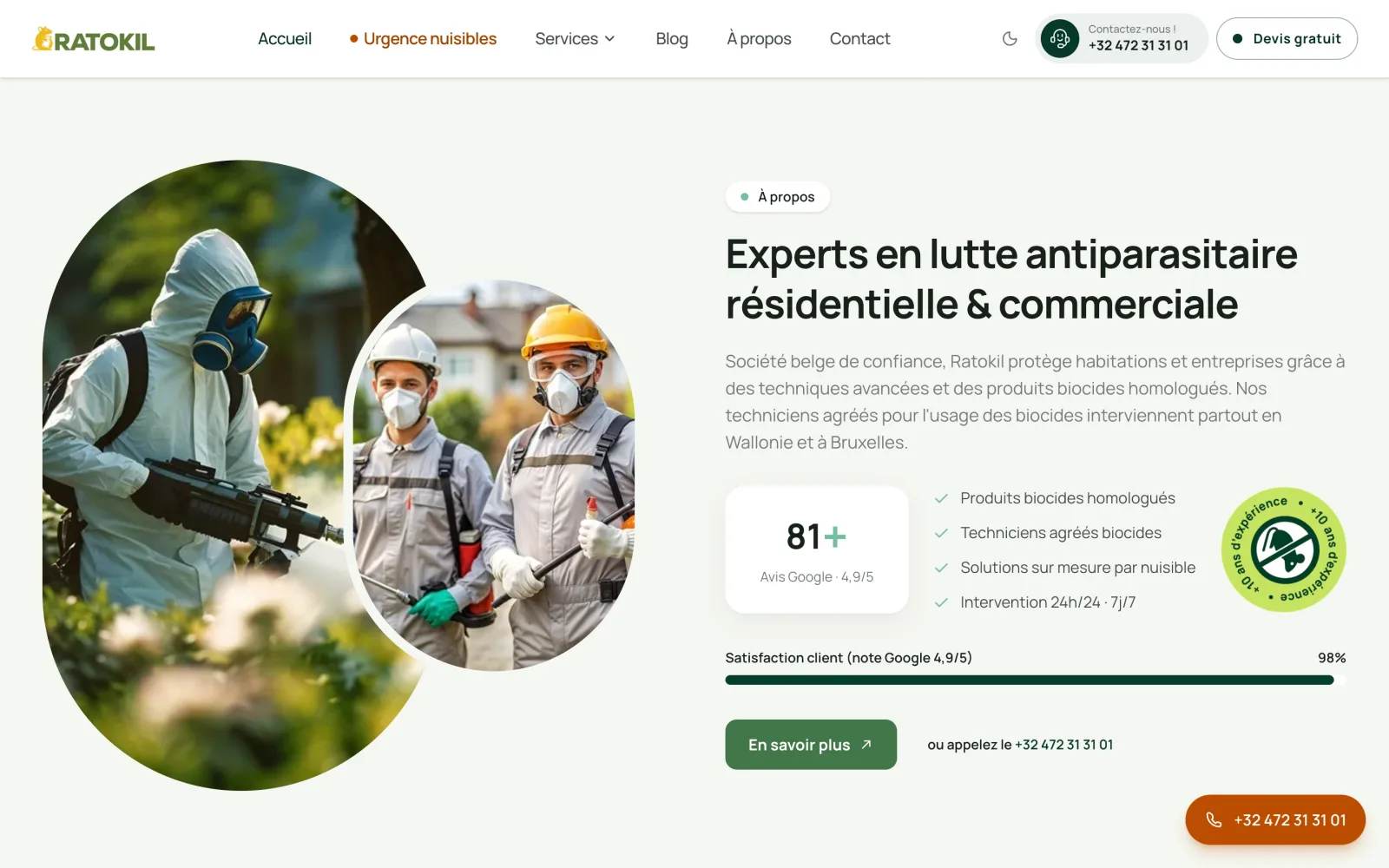 Section « Experts en lutte antiparasitaire » du site Ratokil