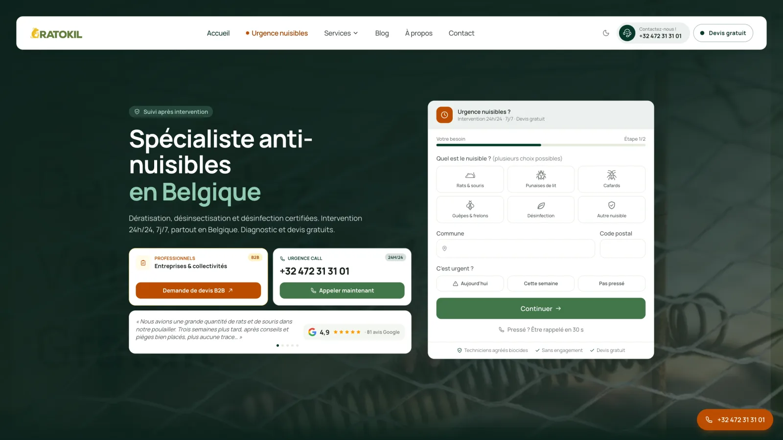 Le site ratokil.be, spécialiste anti-nuisibles en Belgique